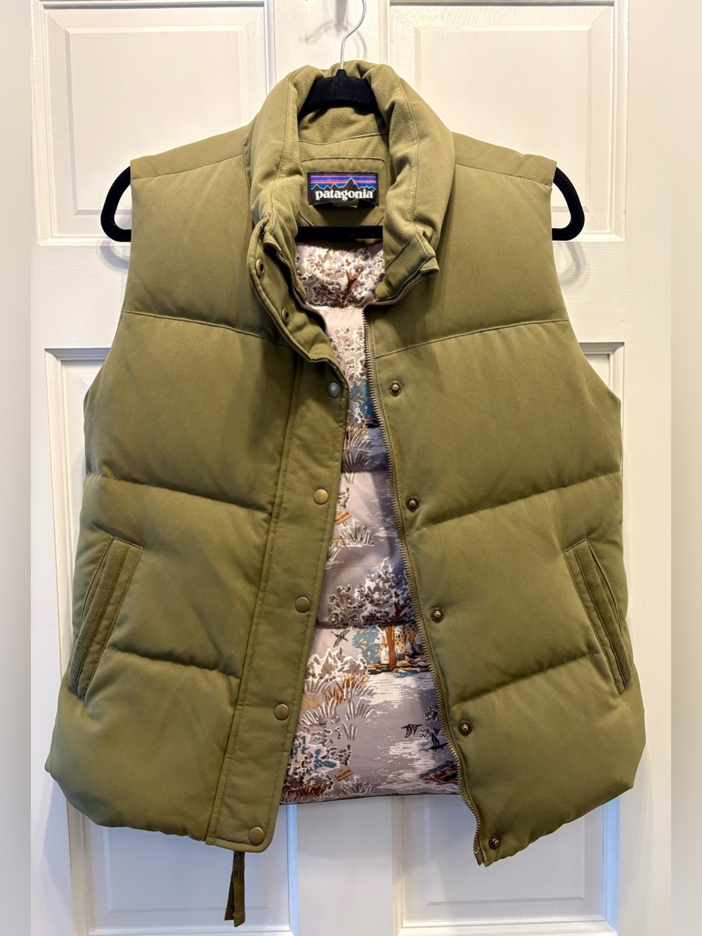Patagonia Bivy Down Vest Womens S Green Insulated Puffer Full Zip Snap Pockets